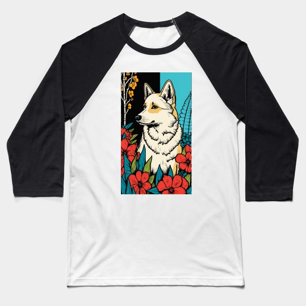 Jindo Dog Vibrant Tropical Flower Tall Retro Vintage Digital Pop Art Portrait 3 Baseball T-Shirt by ArtHouseFlunky